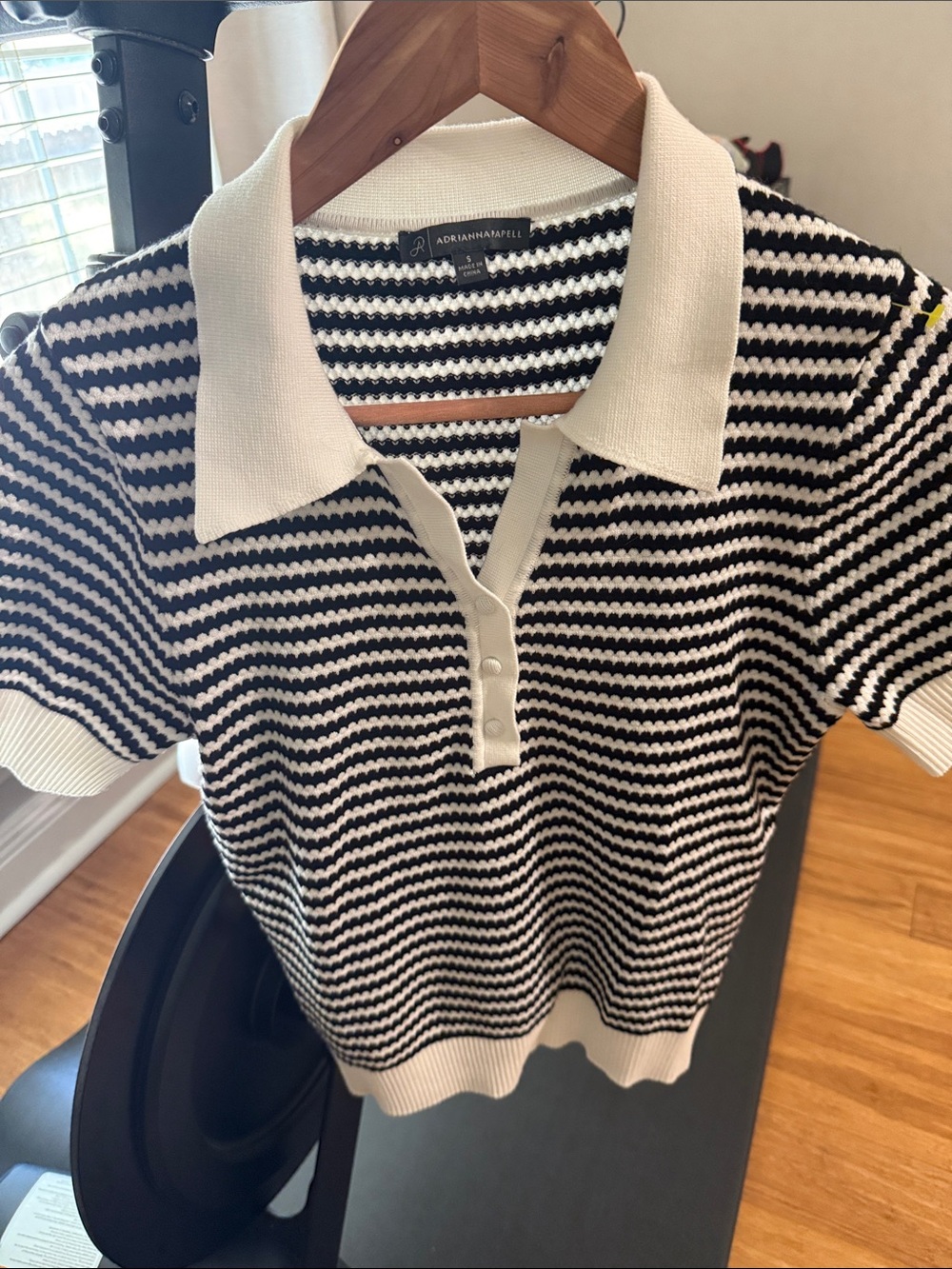 Adrianna Papell Black and White Striped Knit Polo Sweater, Size Small